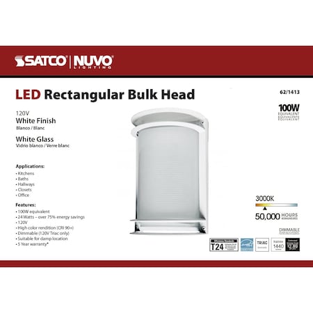 NUVO LED Rectangular Bulk Head Fixture - White Finish with White Glass 62/1413